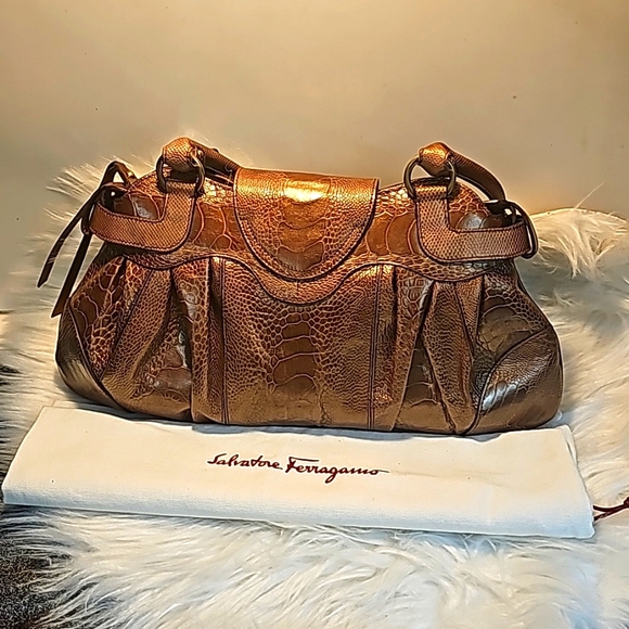 SALVADOR FERRAGAMO OSTRICH HAND BAG BROWN LEATHER - Picture 8 of 16